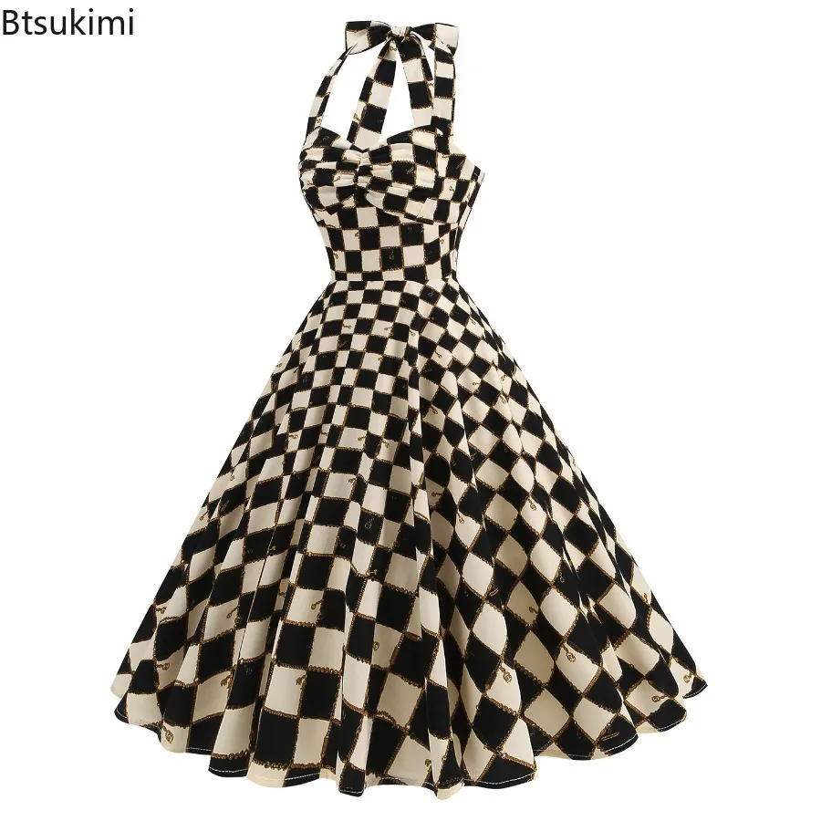 Nouveau 2025 femmes Vintage licou robe Rose fleur damier élégant balançoire robe Rockabilly Cocktail thé robe de soirée pour les femmes