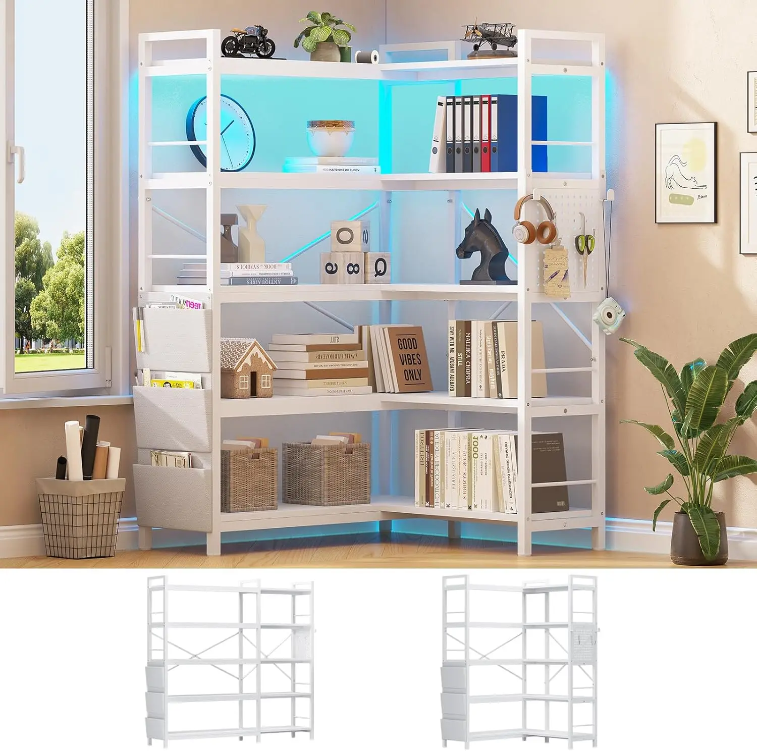 

5 Tier Modern Corner Bookshelf,Convertible Bookshelf with Storage Bag,Pegboard & LED Light,for Bedroom,Living Room,Office,White