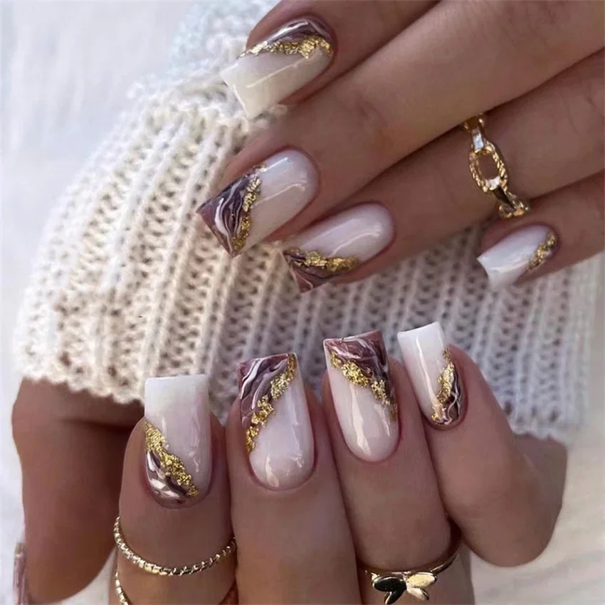 

24Pcs/Set White Purple Halo Gold Foil Design Stick Wearing False Nails Removable Acrylic Fake Nail Art Artificial Press on Nails