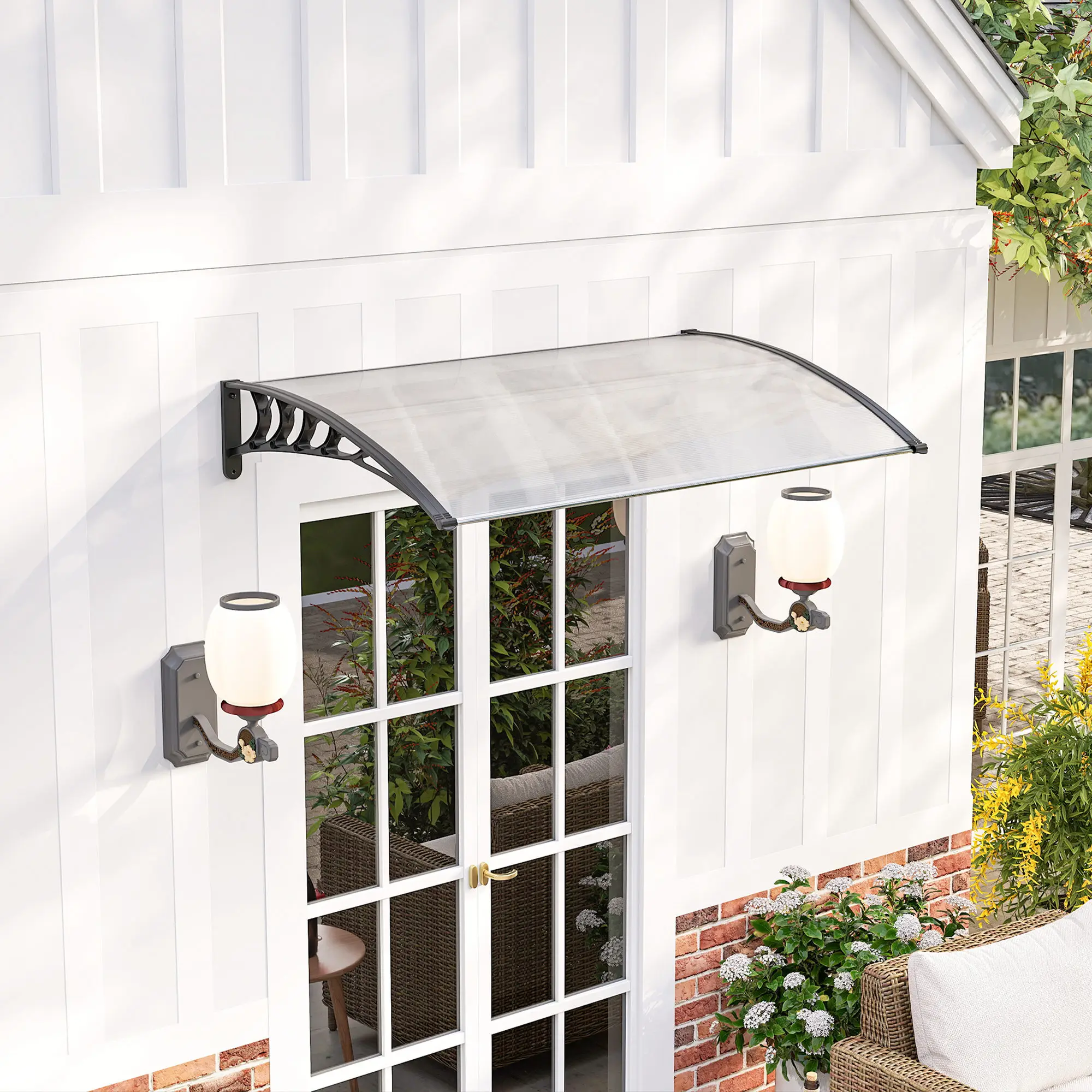 Auvent de porte d'entrée en polycarbonate, protection contre la pluie, la neige et les UV, abri extérieur 0,9x1,5m transparent