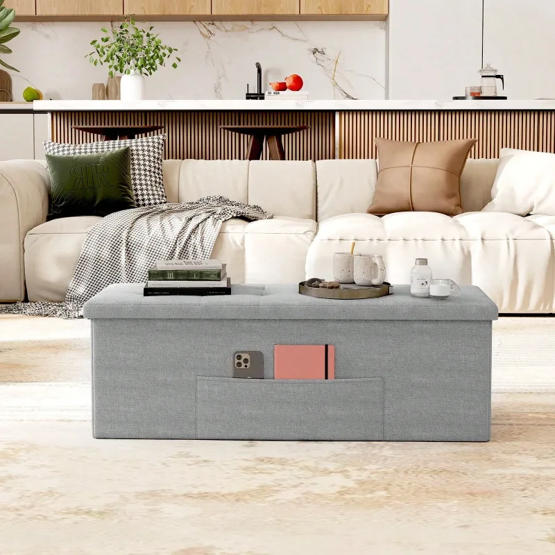 43 Folding Storage Ottoman Bench W/ Removable Divider & Side Pocket Bedroom