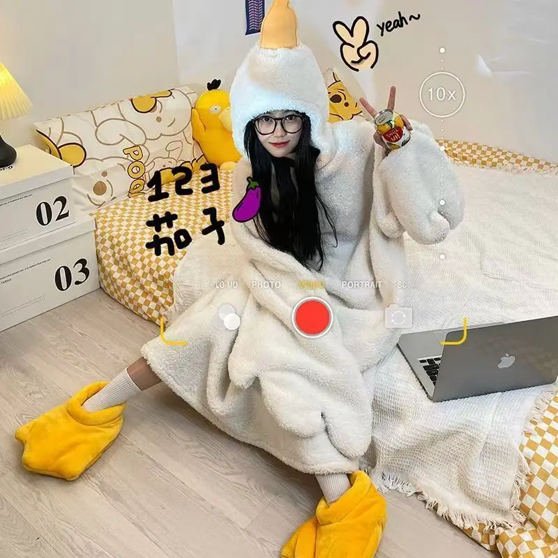 Cute Big White Goose Hooded Robe Flannel Cartoon Duck Onesie Pajamas Adult Winter Warm Funny Animal Cosplay Home Sleepwear Gift