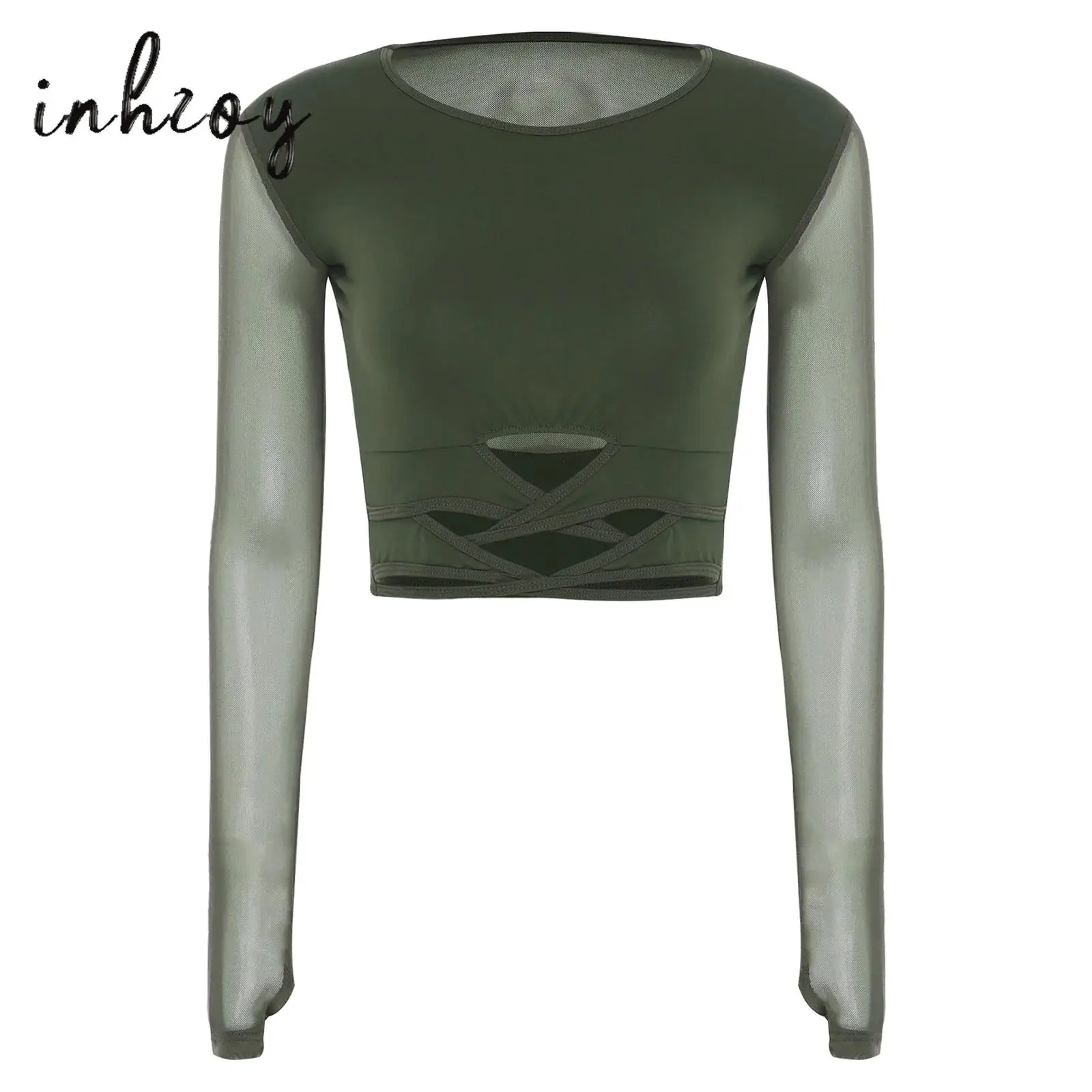

Womens Latin Ballet Dance Crop Tops Sheer Mesh Long Sleeve Back Strappy Bottom Crop T-shirt for Samba Rumba Waltz Class Stage