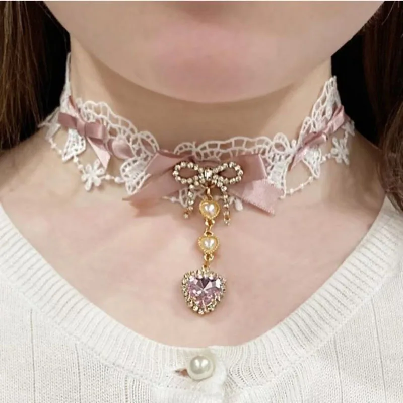 

Кружевное колье ручной работы в стиле Лолиты со стразами и бантом в виде сердца, женское ожерелье с подвеской серии Mine, ювелирные изделия, крутое ожерелье