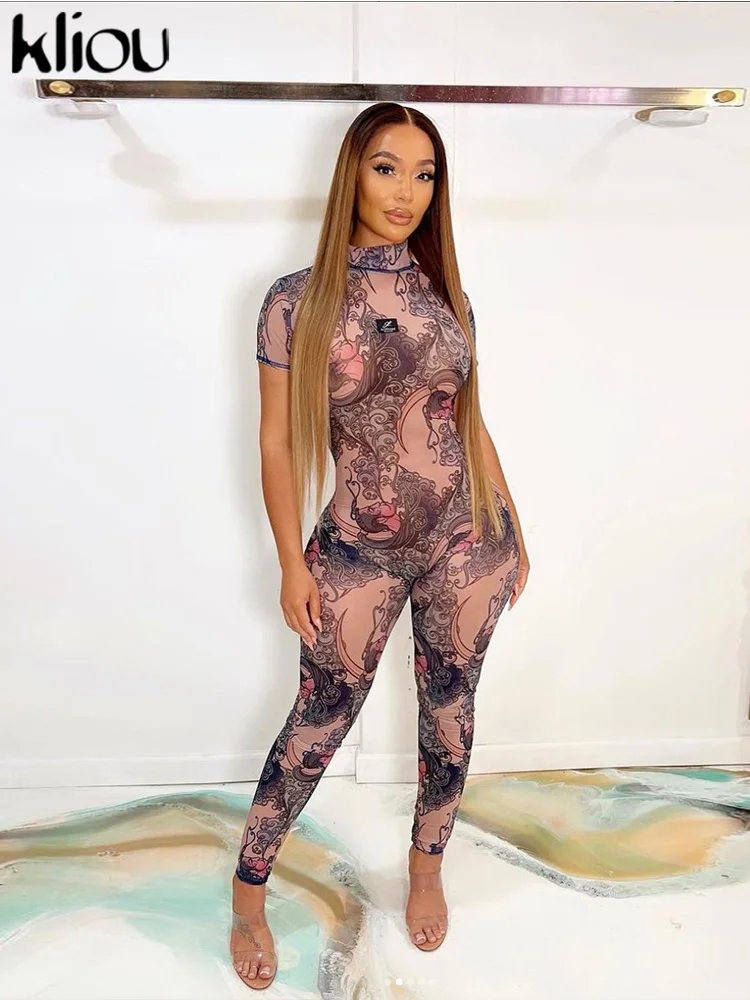 Kliou Zomer Jumpsuit Mesh Mythe Print Body-Shaping Eendelige Kleding Meisjes Hipster Party Street Cool Overalls Kleding Hot