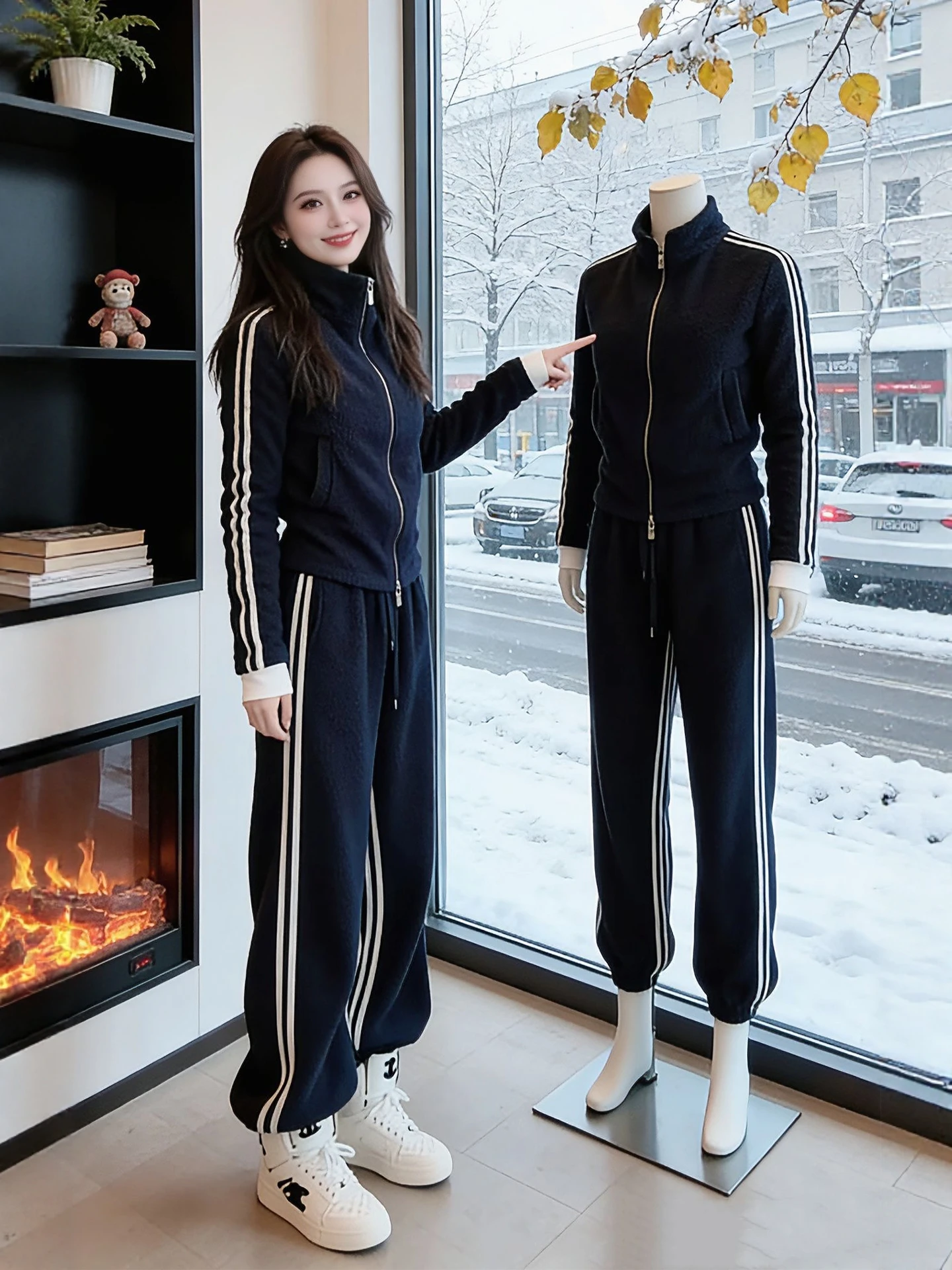 

Winter Warm Fce Lined Jaet And Wide Leg Pants Casual Spor Two Piece Set for plus Size Women High Waist Trousers