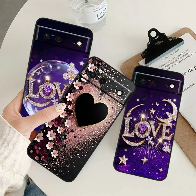 

Sequin Color Art Love Heart Phone Case For Google Pixel 9a 9 8A 8 7 7A 6 6A Pro XL 2024 5G Black Soft TPU Silicone Cover