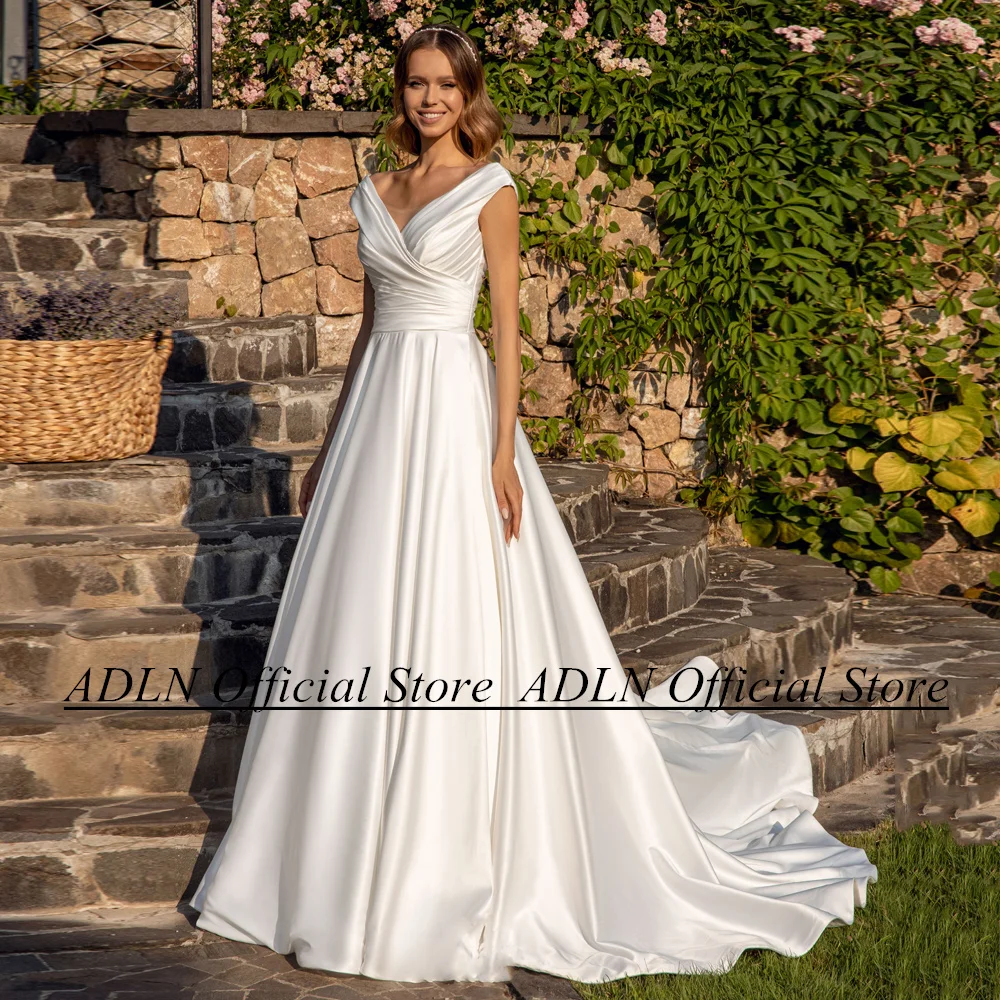 ADLN Customized Satin Wedding Dress Cap Sleeve V Neck Pleat Draped Back Zipper Sweep Train Simple Bridal Gown Vestido De Noiva