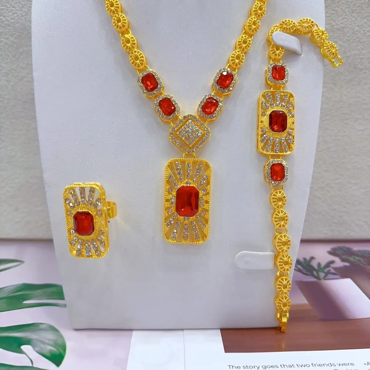 Dubai 24K Gold Plated Bridal Wedding Jewelry Necklace Bracelet Earrings Women\'s Ring Dress Accessories Party Anniversary Gift