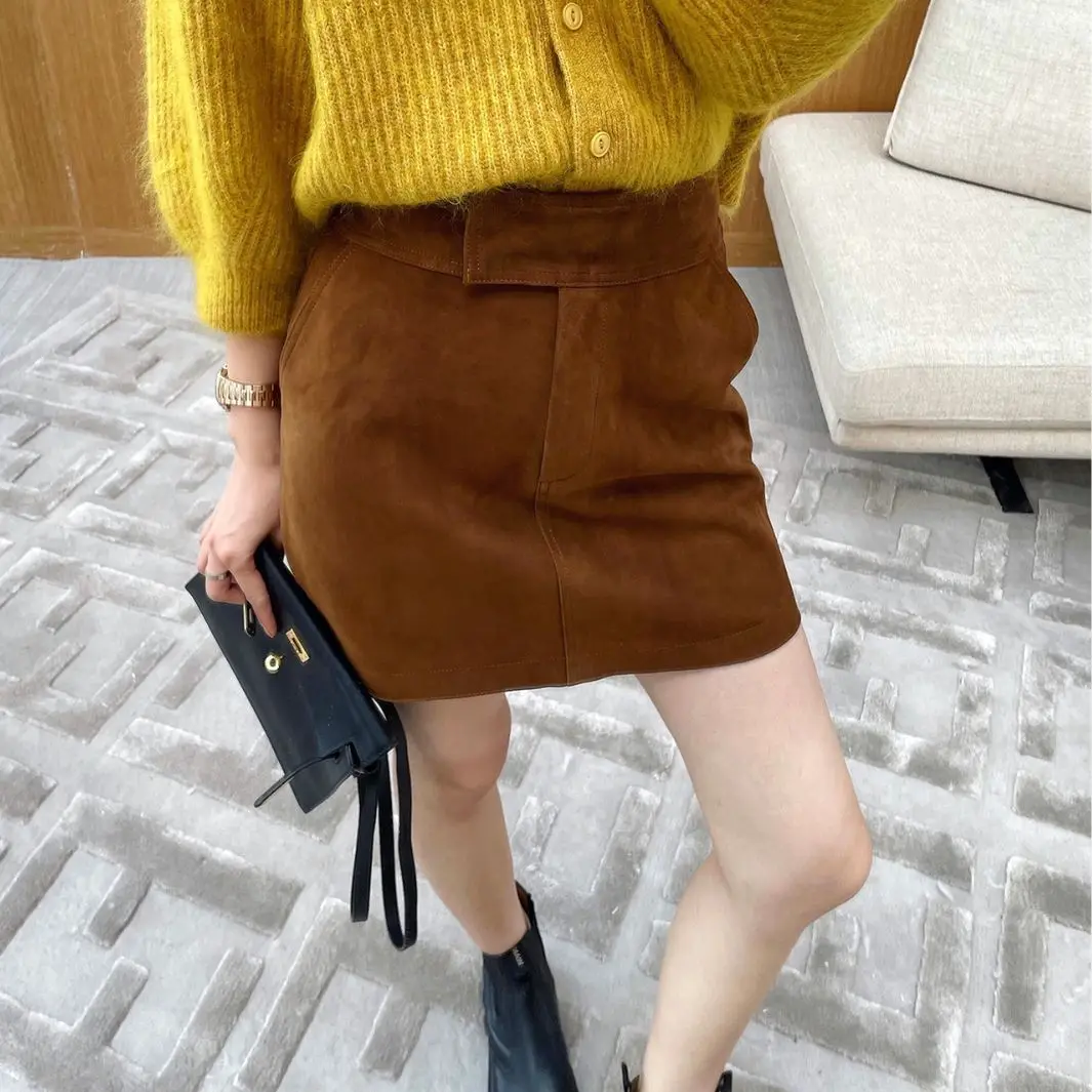 Suede Leather Mini Skirt For Women  Autumn Korean New Simple High Wide Waist  Versatile Wrap Faldas Mujer Grey Short Cargo Skirt