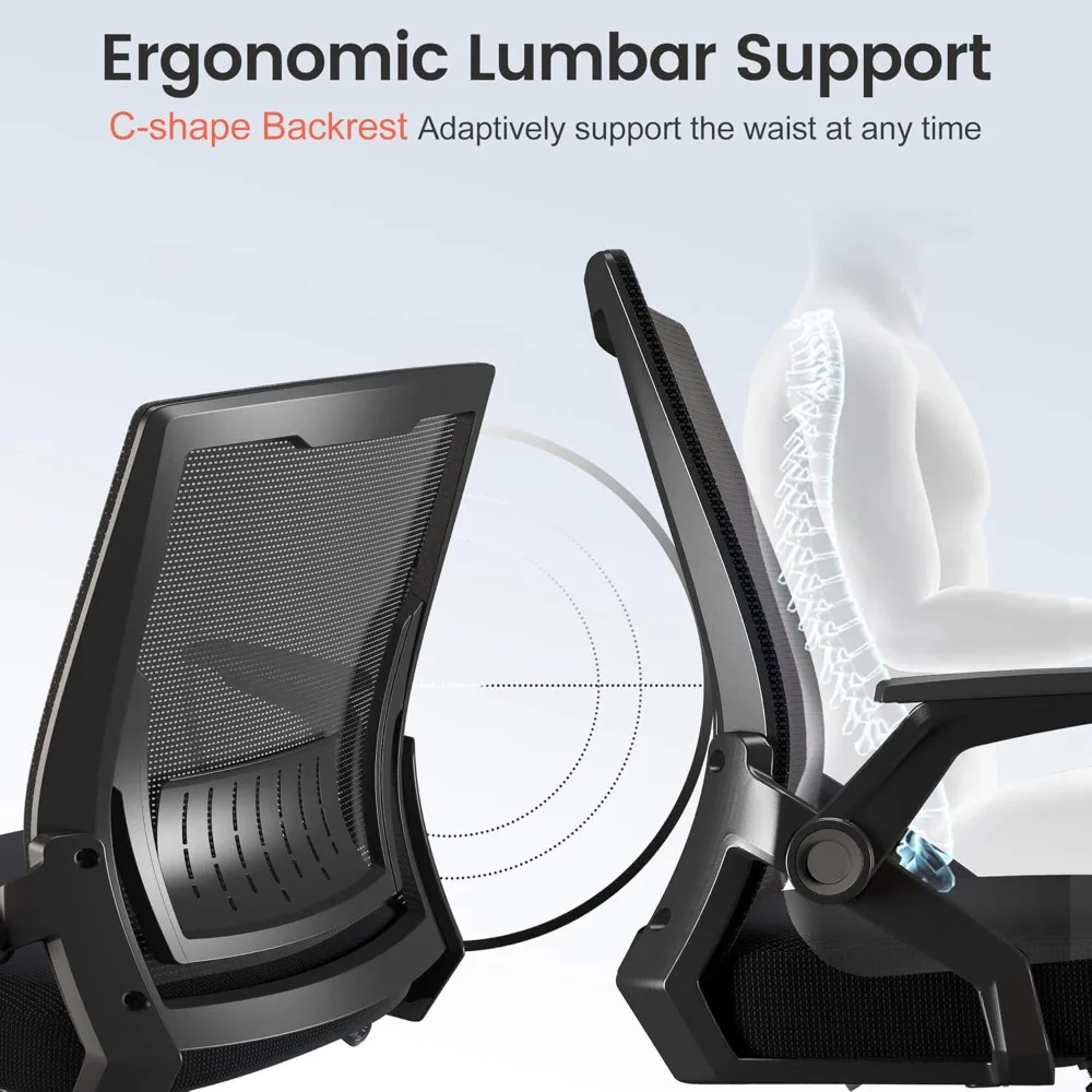 Ergonomic Office Chair with Flip-Up Armrests, Lumbar Support, Breathable Mesh for Home Study Desk