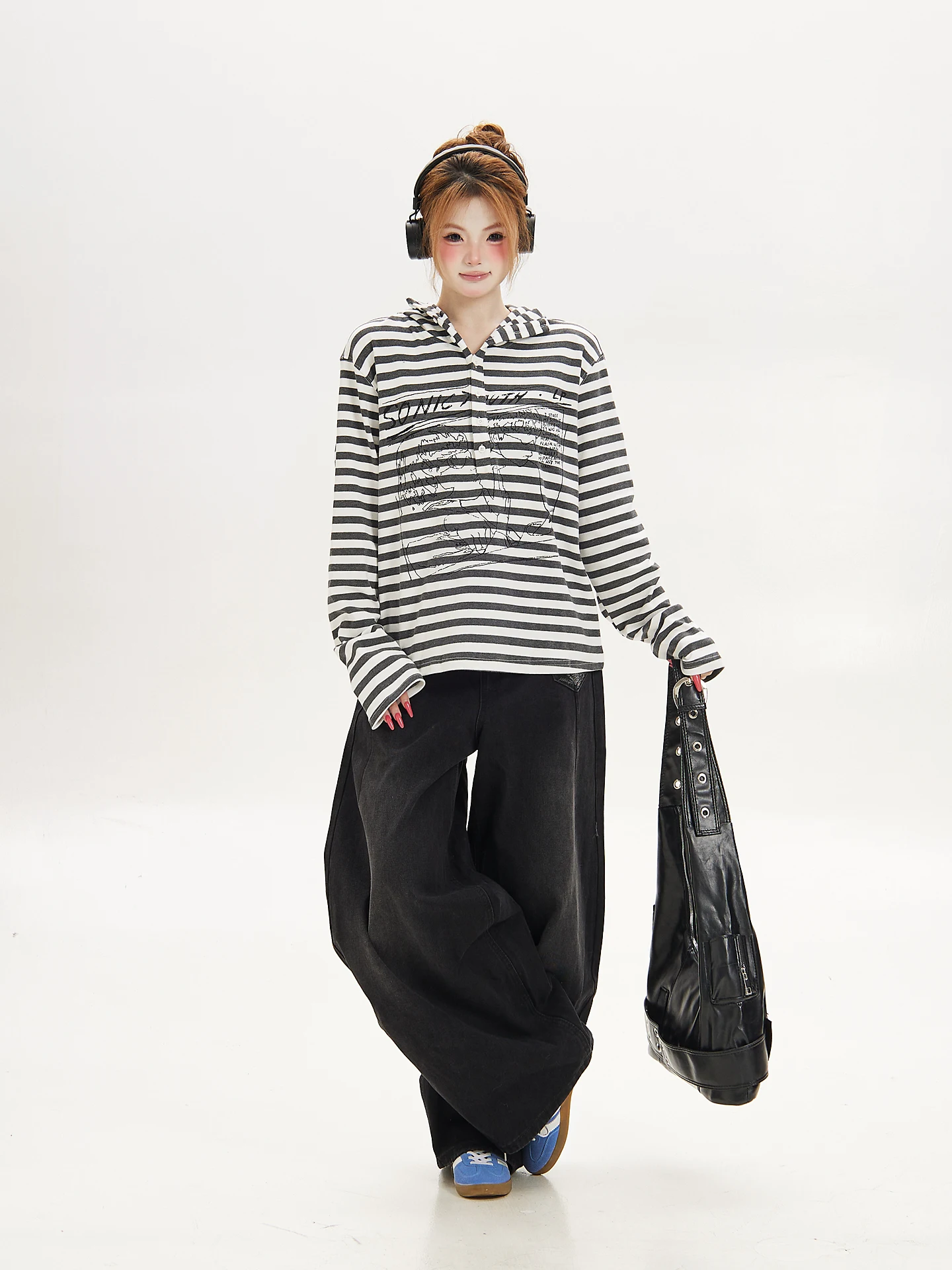 Loose Fit Women's Long Sleeve Hoodie Stripe Pattern American Style Casual Outerwear Coat Button Design Cotton Blend