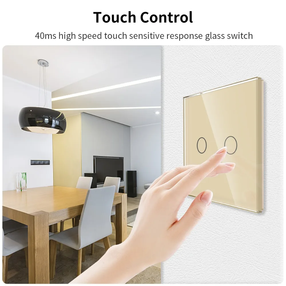 Bingoelec Touch Wall Switch Light Switches Gold Tempered Crystal Glass Panel 1/2/3/4gang Button AC100-240V Touch Interruptor