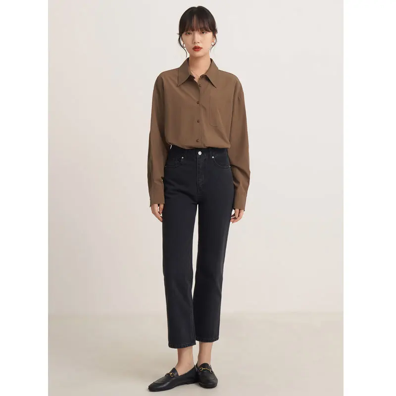 Elegant Women's Shirt Spring Autumn Coffee Color Long Sleeve Loose Tops Shirts Femininas Single-Breasted Ladies Blouses