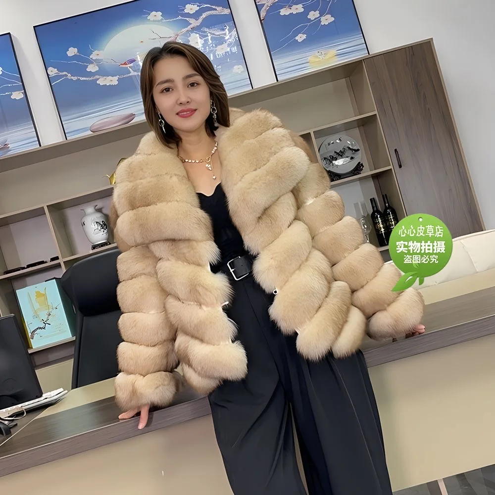 QUEENTINA Winter New Women\'s Real Fox Fur Coat With Collar Overcoat Leather Female Natural Plus Size