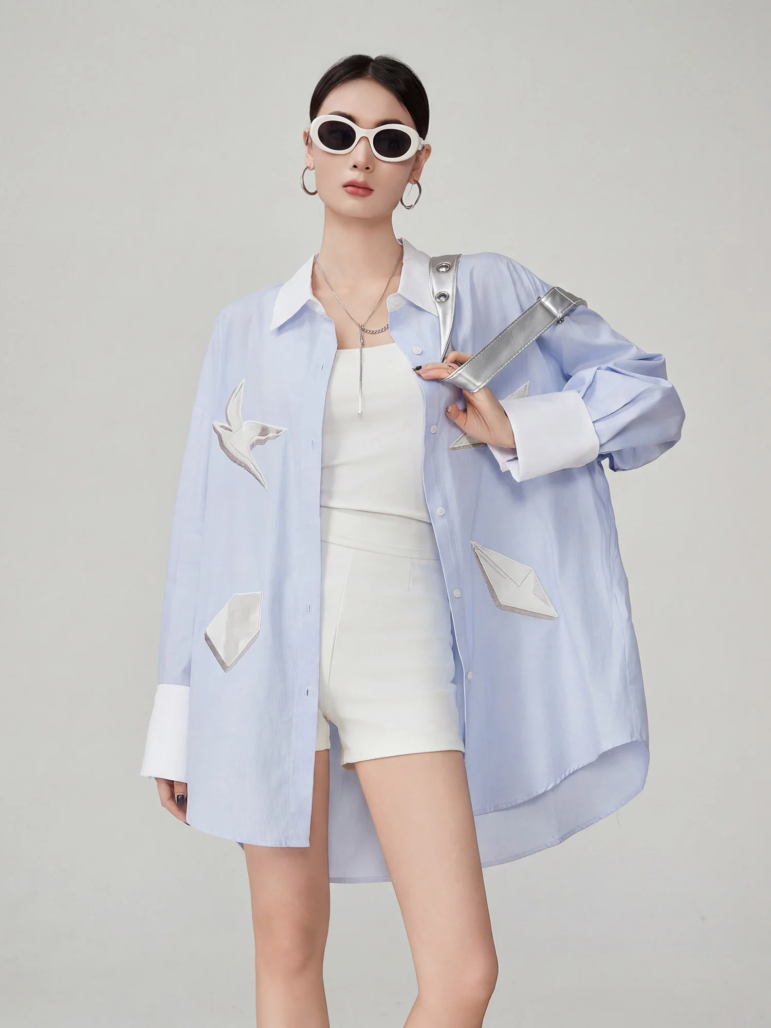 

Blue Patchwork Embroidered Loose Striped Women's irt Spring 2026 Casual Sle Long Sve Thermal Outerwear Trendy