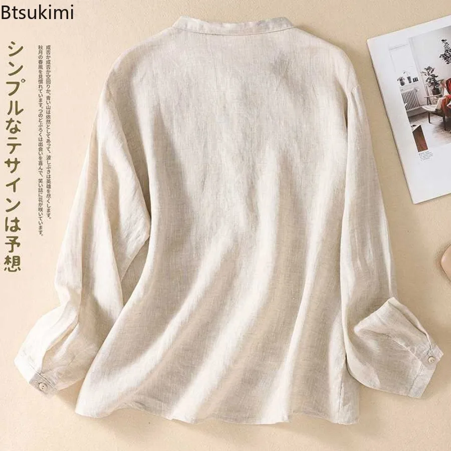 2024 New Women's Long Sleeve Casual Blouse Breathable Comfort Cotton Linen Cardigan Solid Sun Protection Wear Females Loose Tops