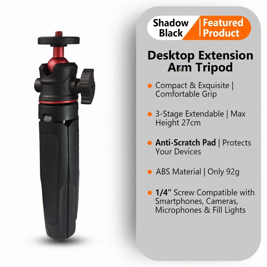 KVANNO WT08 Mini Portable Desktop Tripod Extension Arm 360° Ball Head Phone Camera Stand Folds to 15cm 1/4 Screw  Selfie Vlog