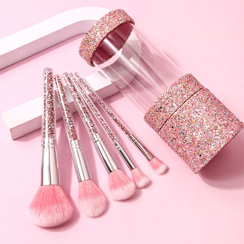 Set di pennelli per trucco scintillante da 5 pezzi, pennelli per fard e cipria, kit di pennelli cosmetici adatti ai viaggi per principianti, trucco tutto in uno