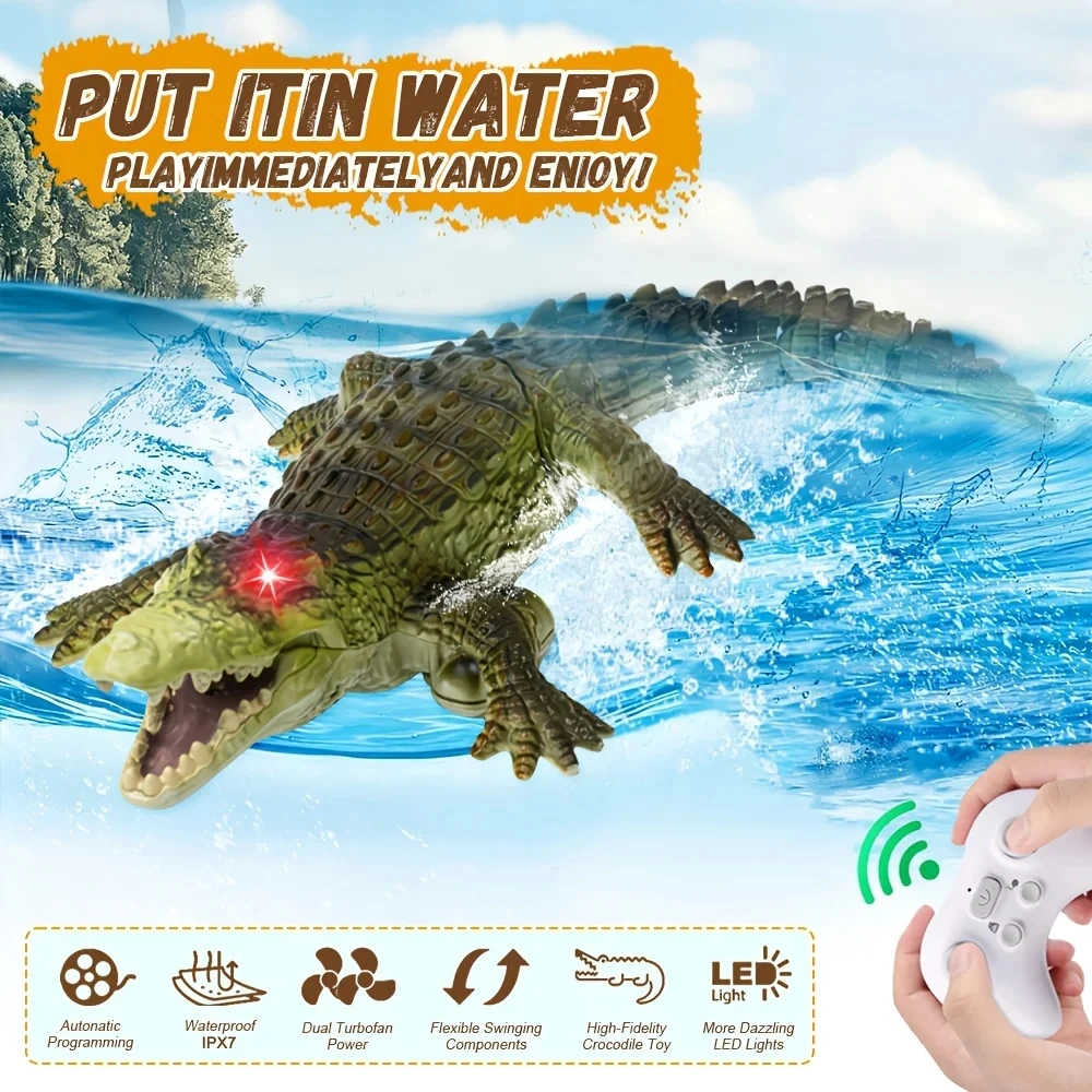Lifelike Simulation RC Crocodile Boat 2.4G, Glowing LED Eyes Waterproof Alligator Prank Water Toy for Pool Lake Kids & Adults