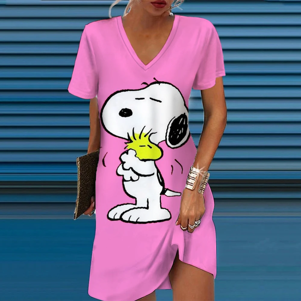 Vestido longo com estampa Snoopy manga curta feminino, Rosa puro, Decote V, Casual, Versátil, Sexy, Verão, Novo, 2024