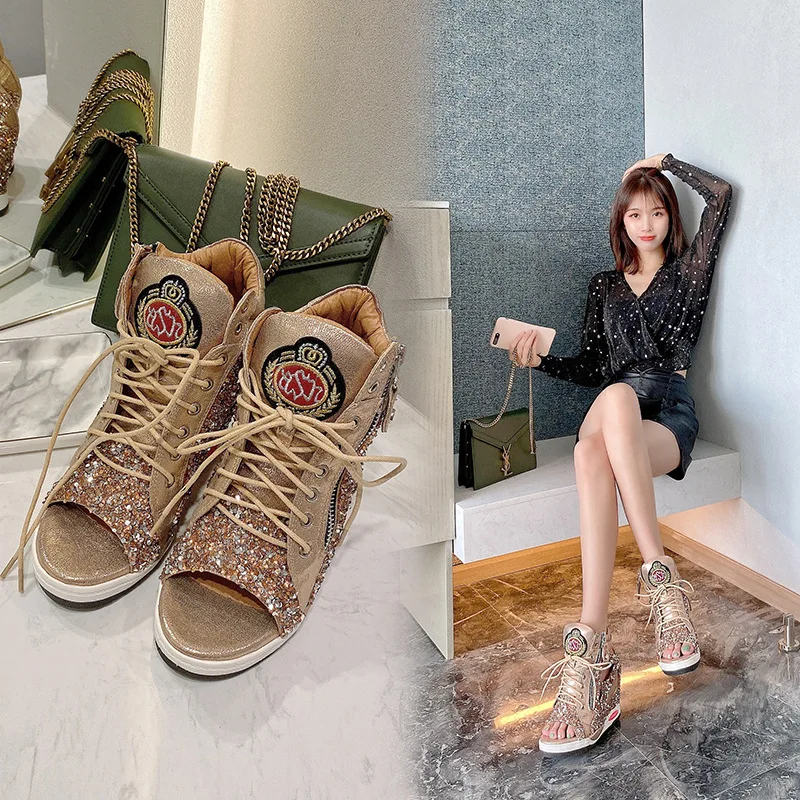 Women\'s Wedge Shoes Sneakers Platform Fashion Casual Thick Sole Rubber High Leisure Lace-Up Peep Toe Increased Interna
