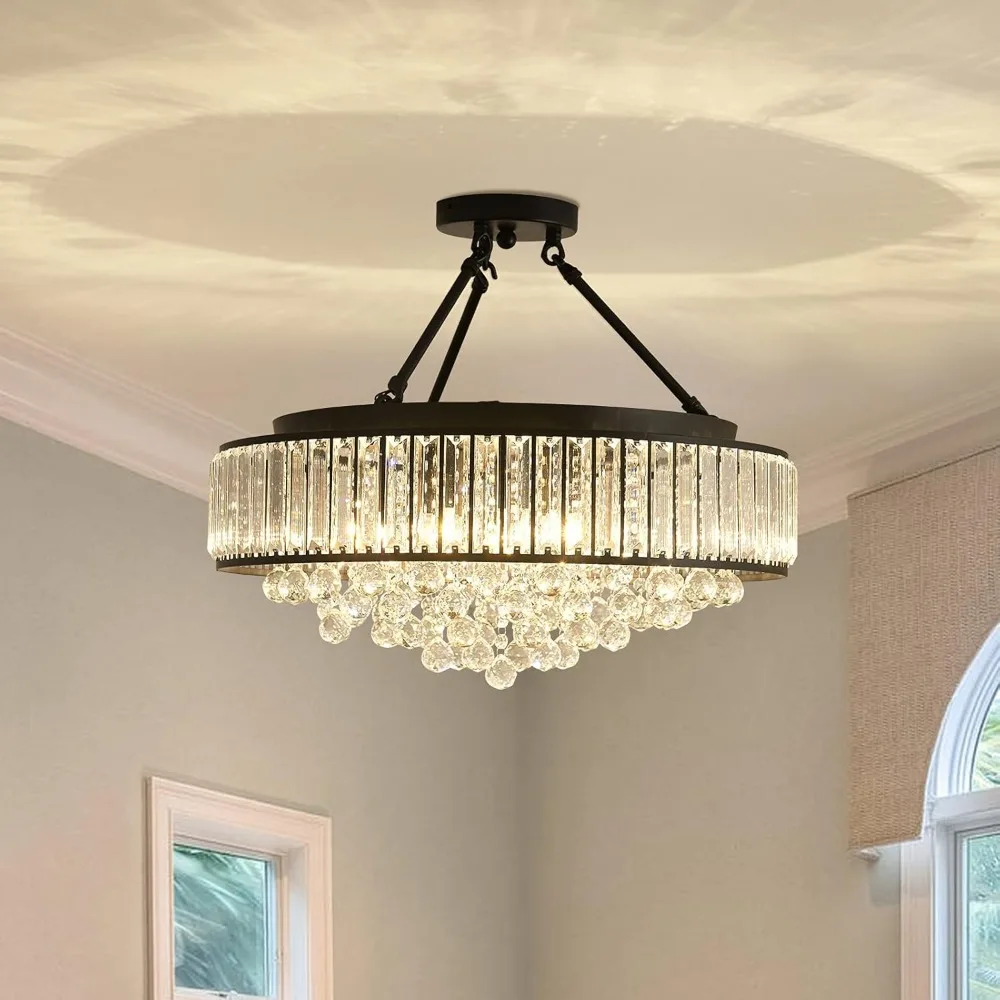 chandelier Black metal E26 semi-flush mounted circular luminaire ceiling light Rural family Restaurant living room laundry foyer