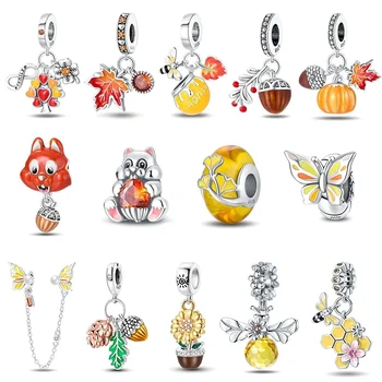 リスのカエデの葉のチャーム,925スターリングシルバー,秋のシリーズ,ビーズ,オリジナルブレスレット,DIY,ジュエリー作り,ファッション