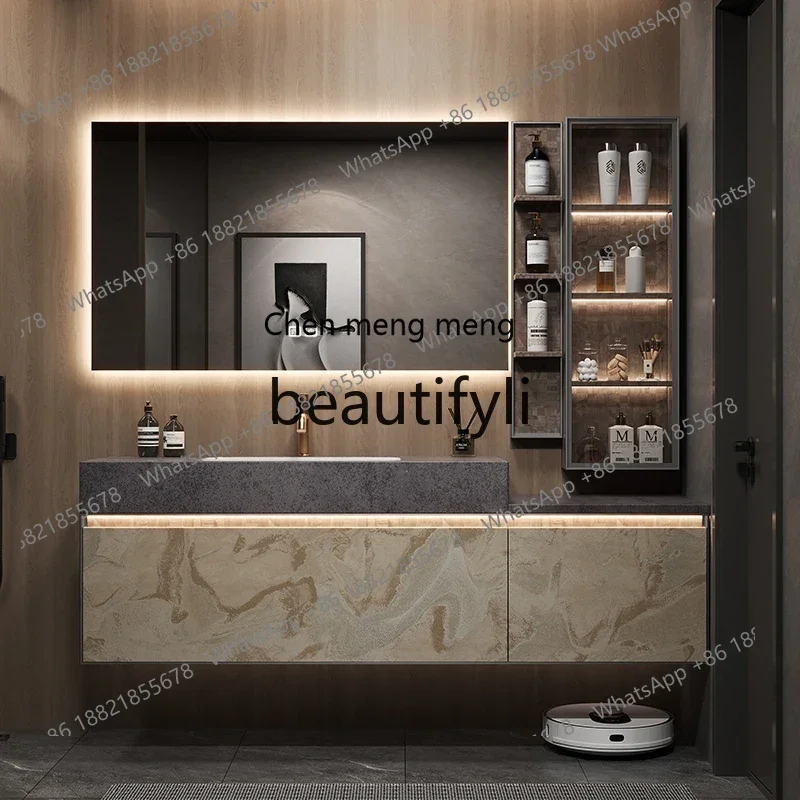 

C Hotel wind bathroom cabinet combination rock slab seamless ceramic integrated basin table basin washbasin cabinet