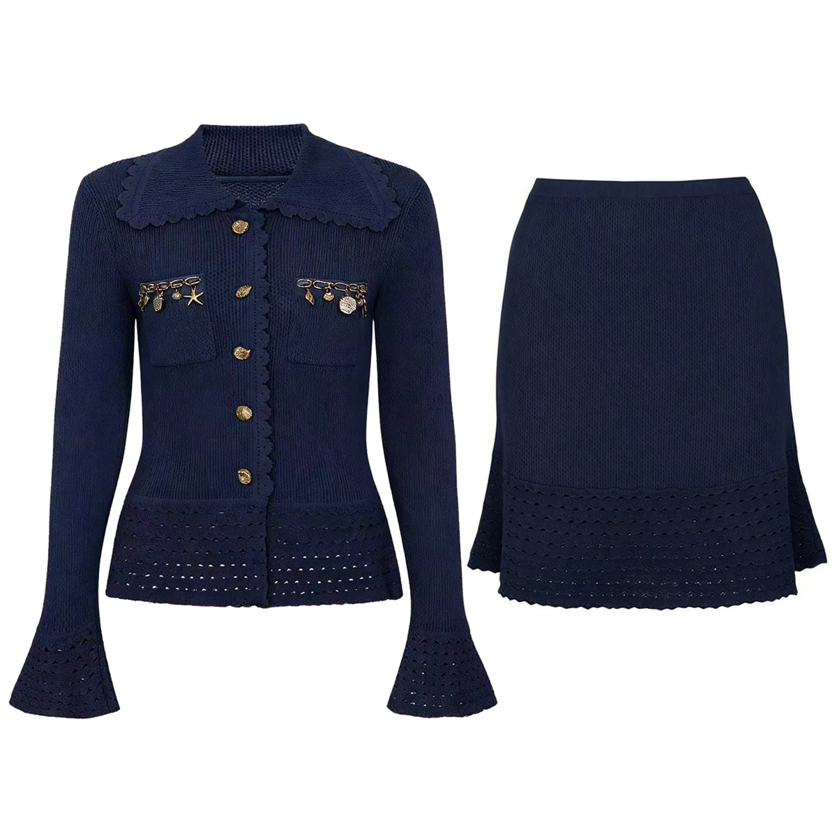 26297 High Quality Spring Autumn New Women Button Decor Slim Long Sleeve Knit Sweater Top Short Skirt 2Pcs Outfit Set