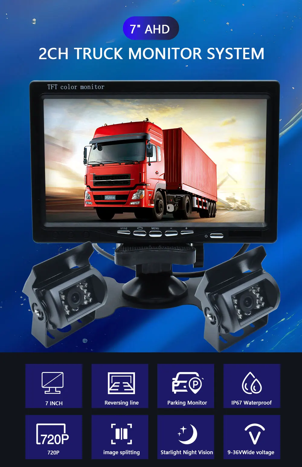 7-inch IPS Screen AHD 1080P  Car CCTV Monitor With 18IR Starlight Night Vision Car Rear View AHD Vehicle Camera For Bus Truck