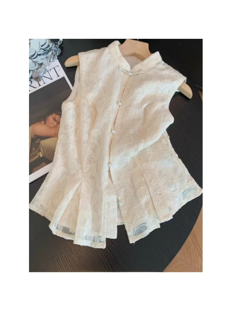 Nieuwe Chinese Sle Geborduurde Stand Kraag Svel irt Dames Zomer Taille-Knipperende High-End Veelzijdige Top