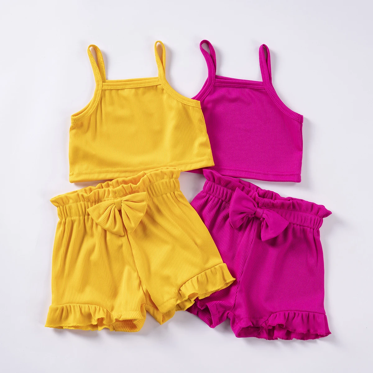 Toddler Girls Short Sleeve Suits Solid Color Sleeveless Camisole Tops Elastic Waist Ruffle Hem Shorts 0-3Y Baby Girl Clothes