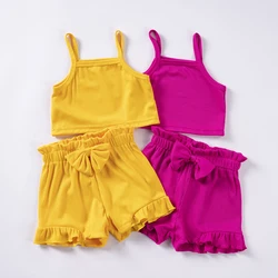 Toddler Girls Short Sleeve Suits Solid Color Sleeveless Camisole Tops Elastic Waist Ruffle Hem Shorts 0-3Y Baby Girl Clothes