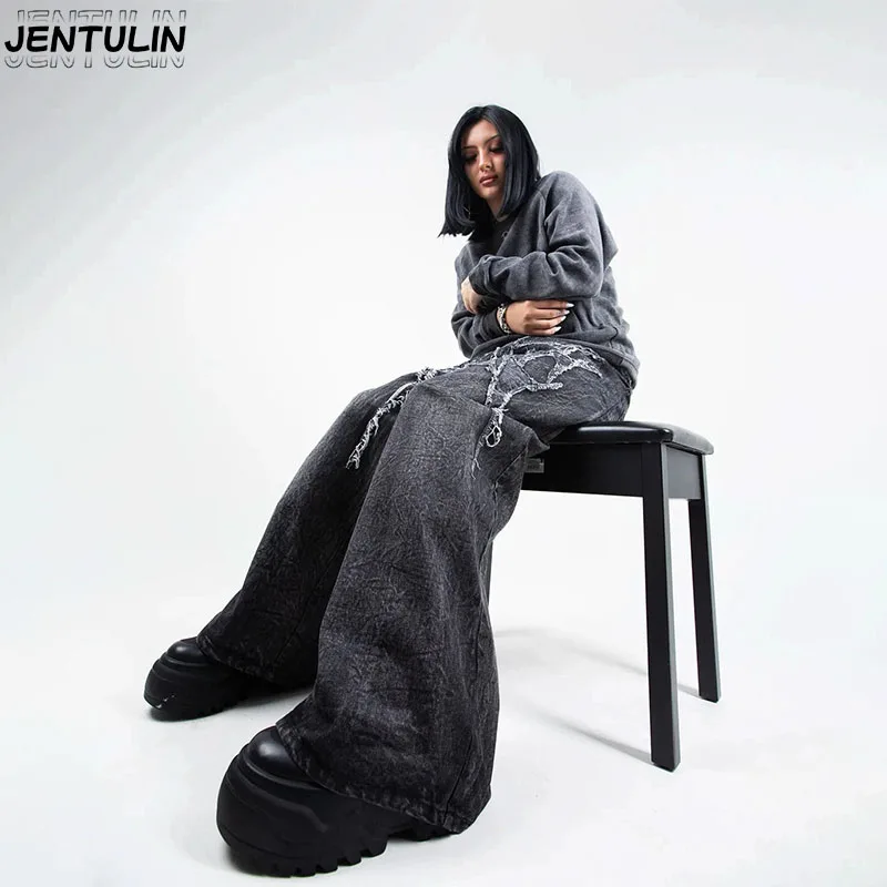 

Джинсовые брюки Harajuku в готическом стиле с рисунком паука Y2k, винтажные мешковатые уличные прямые мужские джинсы с высокой талией, уличная мужская одежда