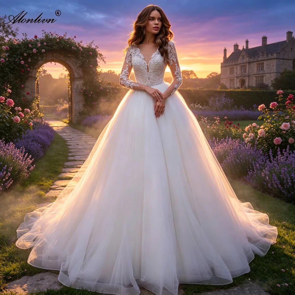 Alonlivn Custom Made Silky Organza V-Neck Full Sleeves A-Line Wedding Dresses Beading Sash Sweep Train Bride Skirts