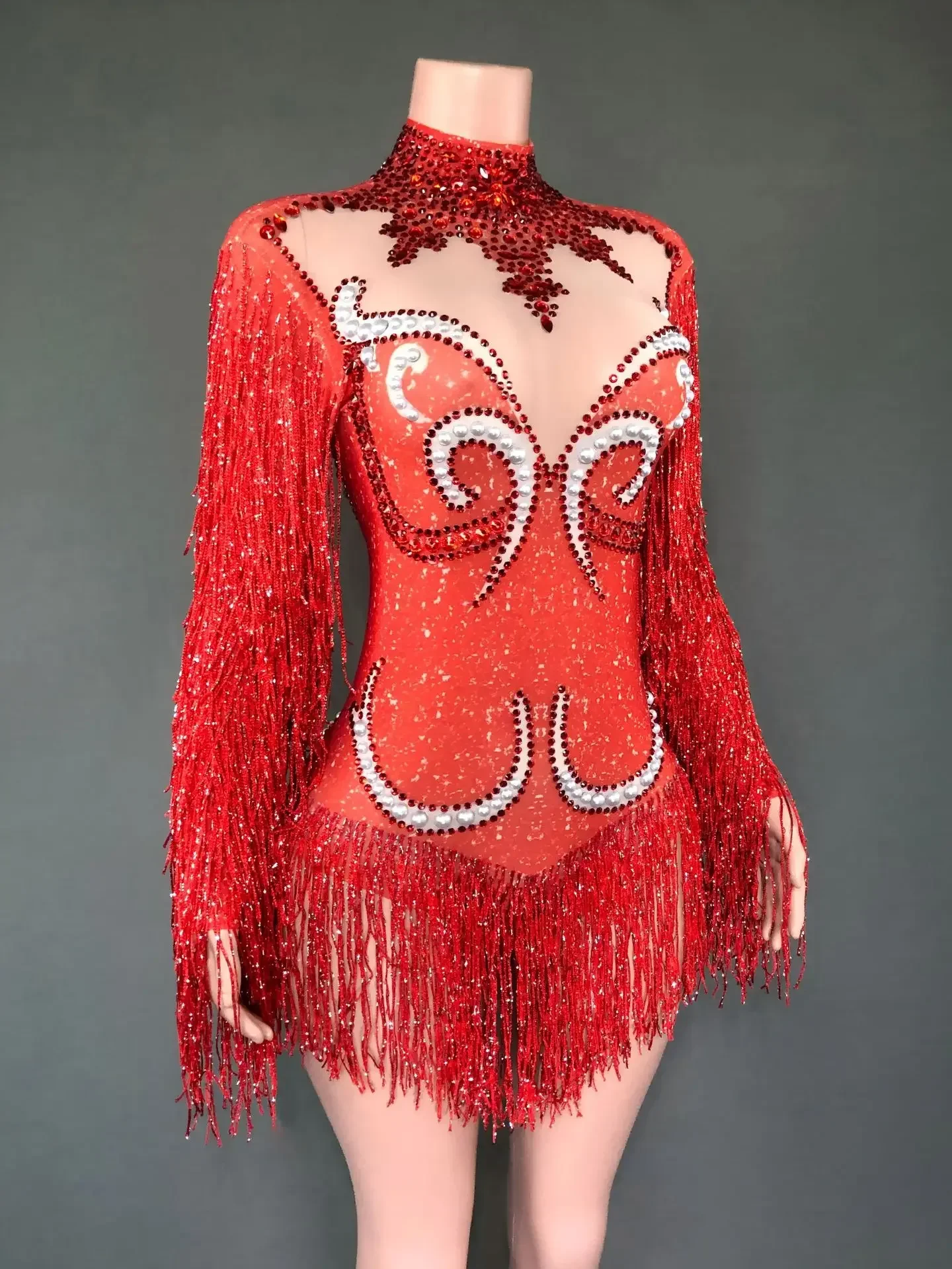 Neues Tanzkostüm für Frauen, Geburtstagsparty-Outfit, Luxuriöser Grauer Fransen-Body mit Silberfarbenen Strasssteinen und Perlen, Transparenter Bodysuit – Detail 17