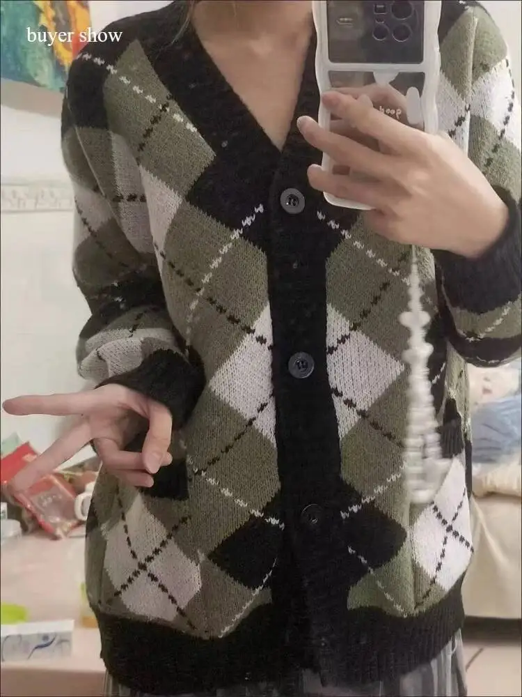 Kardigany damskie w stylu vintage na jesień i zimę, nowy sweter w kratę, dzianinowy, dla studentek, niszowy design.