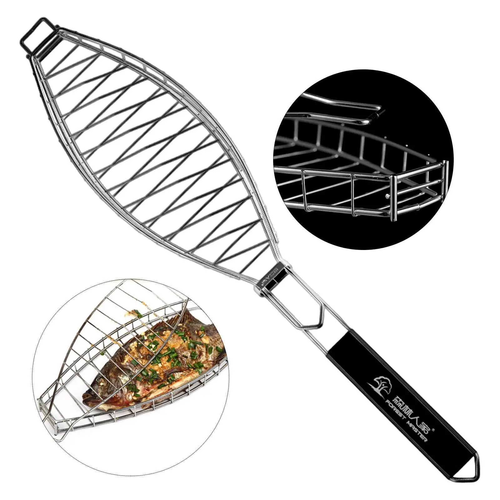 

Grilled Fish Net Nonstick Easy to Clean Wooden Handle Stainless Steel Camping Barbecue Rack for Barbecue Party Picnic Chicken