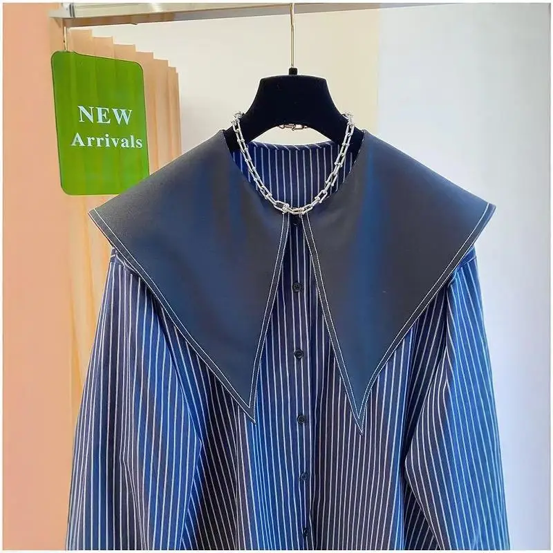 plus Size 300 Pou Fat MM Doll Collar Long Sve irt 2024 Autumn New Loose Striped Large Collar Blouse Korean Sle Comm...