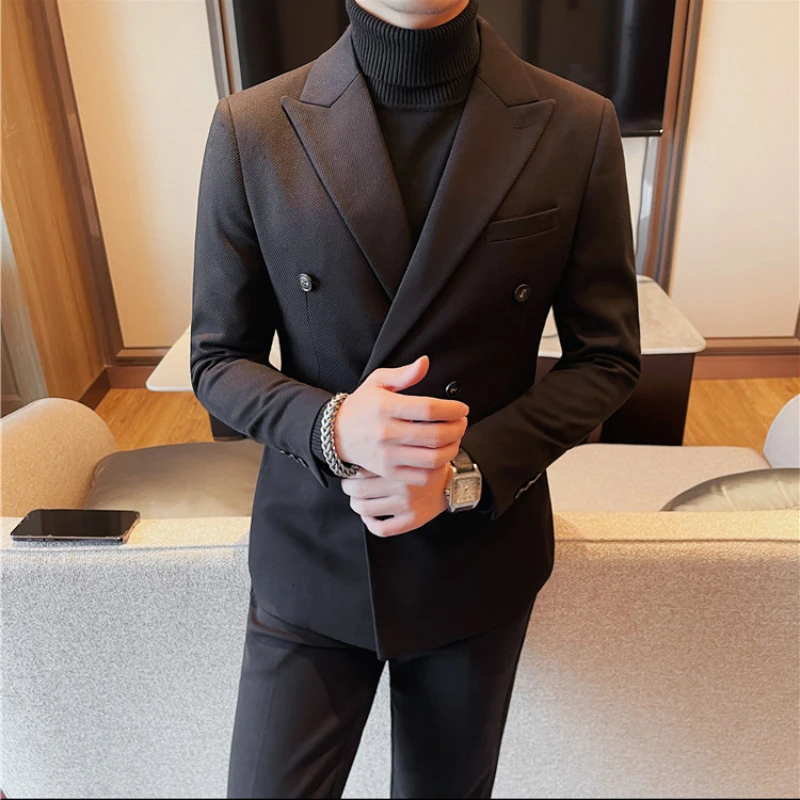 British Style New Double-breasted Blazer Jacket Men Clothing Business Formal Wear Slim Fit Casual Tuxedo Suit Coats High Quality