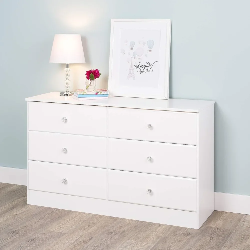 Prepac Astrid 6 Drawer Double Dresser For Bedroom With Crystal Knobs, 16