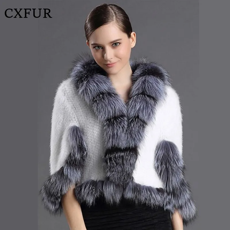 Women Slim Cape Real Mink Fur Knitted Shawl with Fox Fur CX-B-M-41