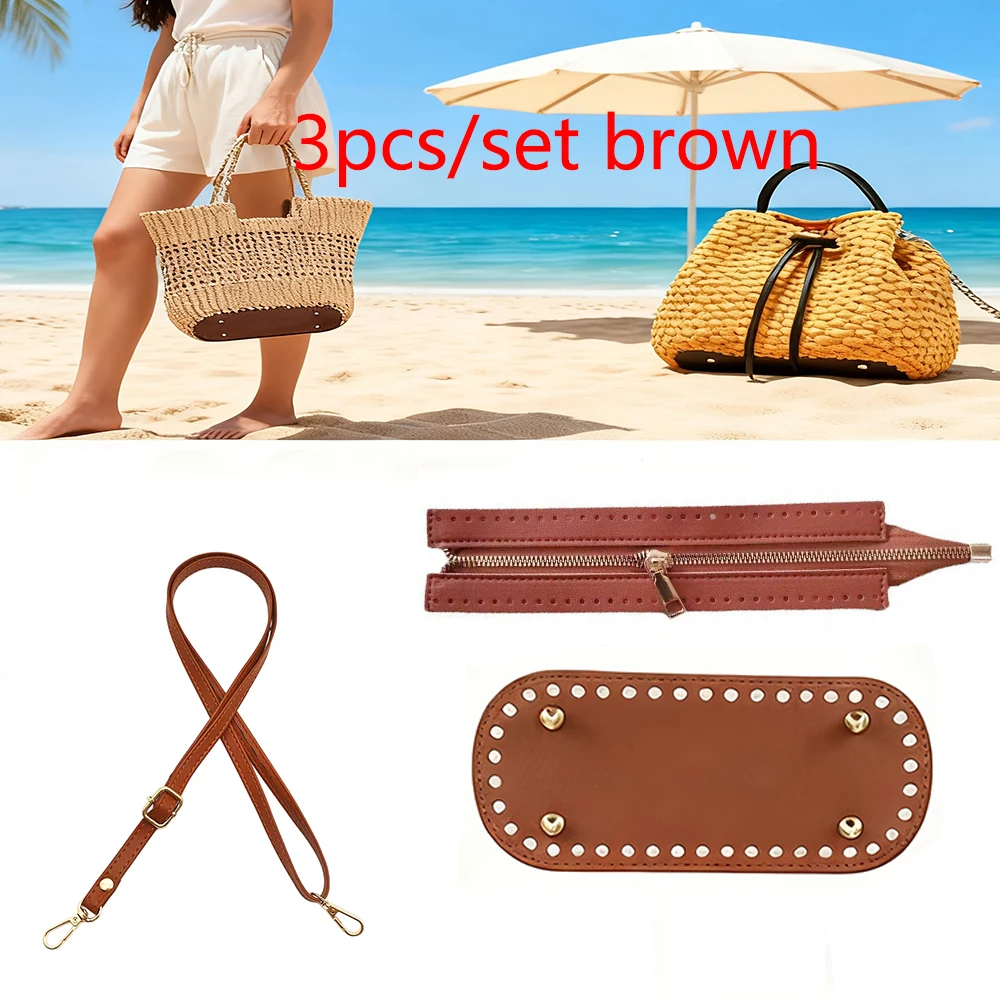 Ensemble d'accessoires pour la fabrication de sacs DIY, 3 pièces/ensemble, en cuir PU, pour sacs au crochet faits main, comprenant une bandoulière, une base et une fermeture à glissière, design pré-perforé pour faciliter le crochet et la couture. Parfait pour la confection de sacs à main, de sacs à bandoulière et de sacs traversés, c'est un choix de cadeau idéal pour les débutants, les artisans DIY et les cours de bricolage. Disponible en beige, noir et marron.