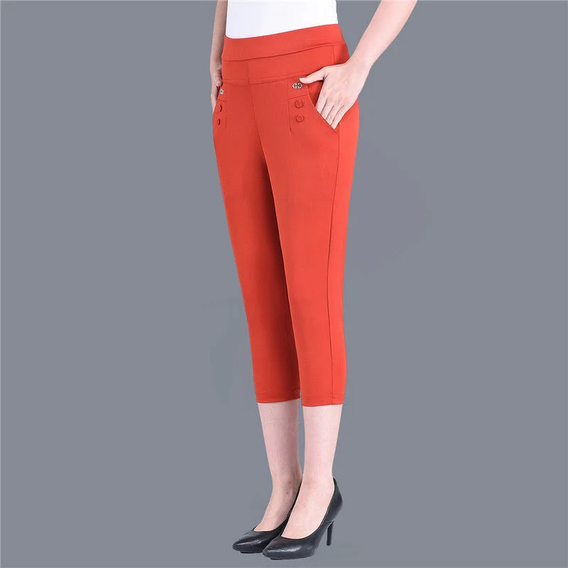 Women Capris Fashion High Waisted Stretch Skinny Pencil Pants Casual Slim Solid Color Calf Length Pants Summer Women\'s Breeches