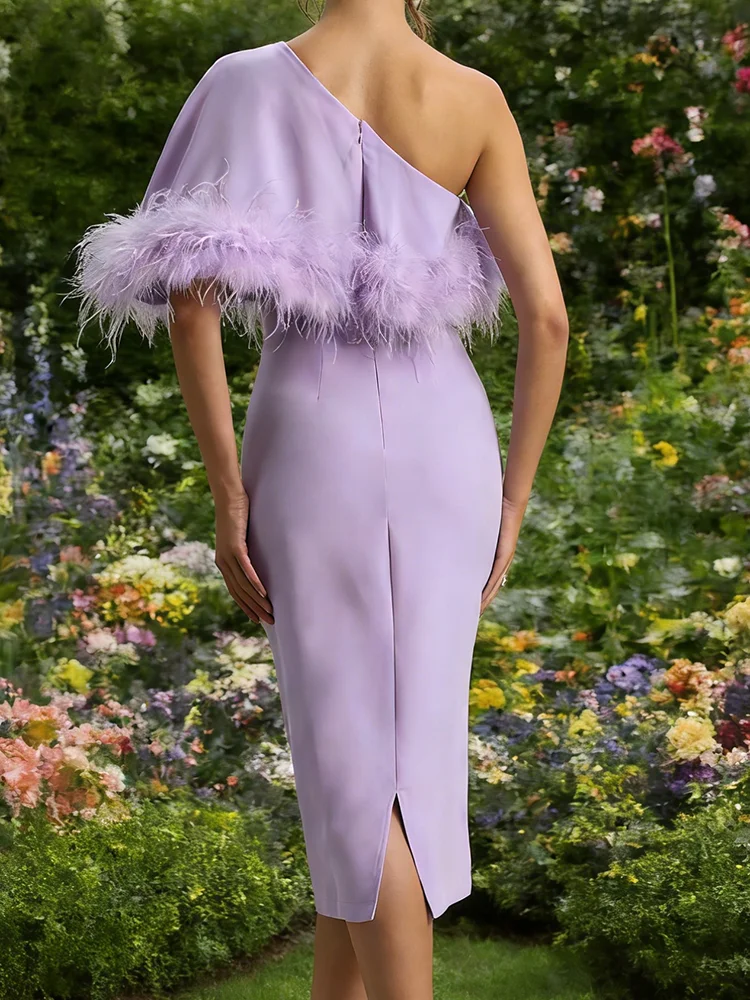우아한 원숄더 깃털 캡 슬리브 슬림 정장 이브닝 드레스 생일 파티 프롬 가운 맞춤 제작