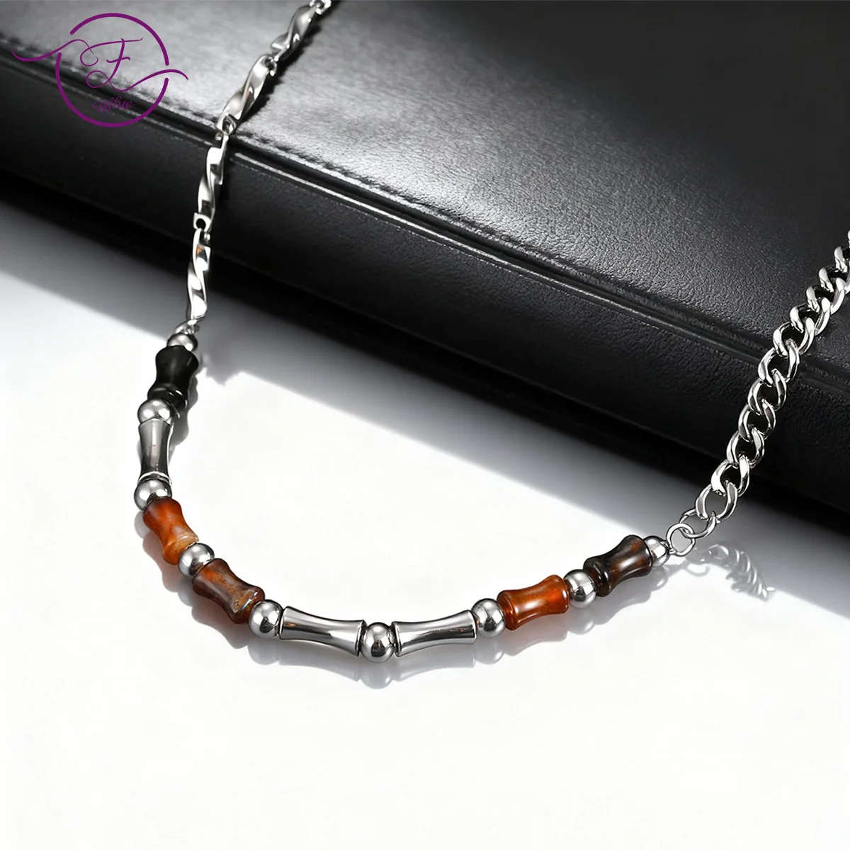 

Men's Stainless Steel Bamboo Agate Necklace Natural Stone Metal Beaded Collarbone Chain Minimalist Niche Hip Hop Jewelry Gift