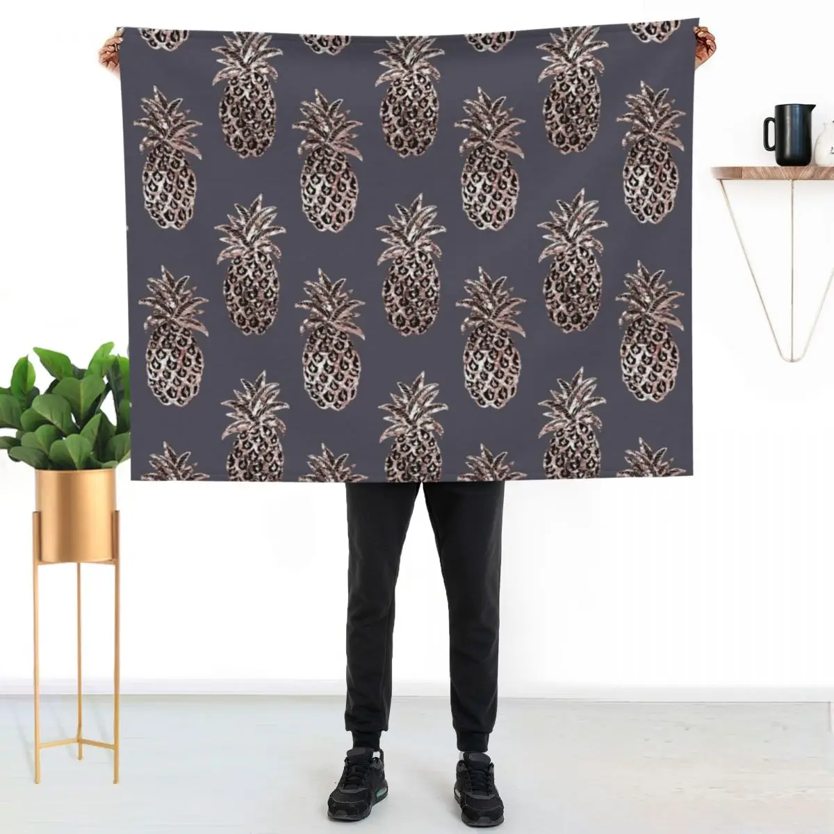 Rose Gold Sparkle Pineapple on gray Throw Blanket Cozy Sofa Blanket for TV Watching Napping