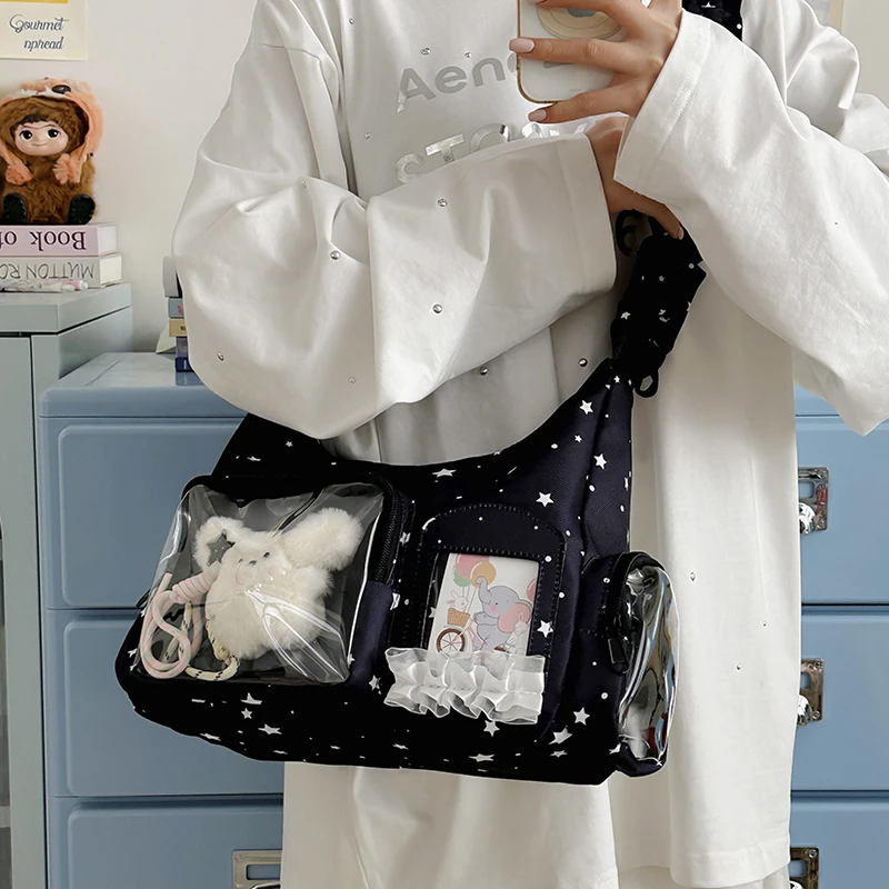 

Women's Star Print Nylon Shoulder Bag Clear Display Pocket Casual Daily Anime Style Underarm Crossbody Handbag 2026 New Trend