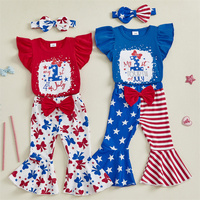 Cathery Kds Baby Girls 4th of July Outfits Print Ruffles Flying Sleeve Rompers Bell Bottoms and Bow Headband 3Pcs Set 0-18M